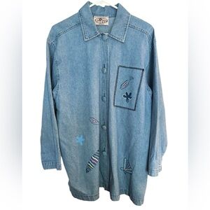Vintage On the Rocks Oversized Denim Button Down Painted Fish Tunic Shirt Size L